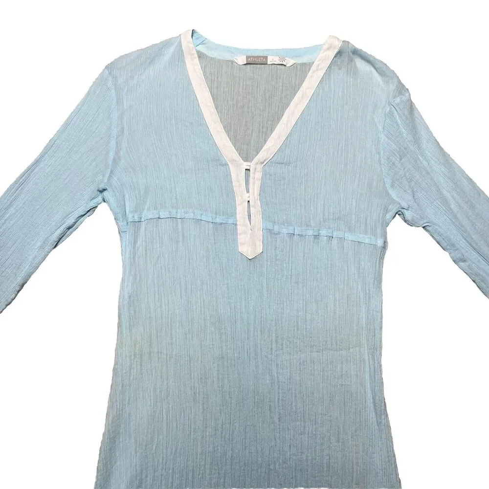 Athleta Swim Beach Cover Up Women Small Aqua Blue Crepe Cotton Knee Length Dress